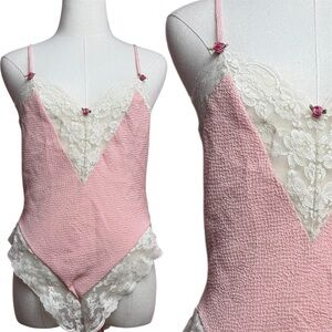 Vintage 90's Victoria's Secret Gold Label Pink Lace Trim Teddy Lingerie Medium